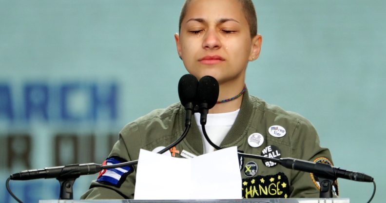 WASHINGTON, DC - MARCH 24: Tears roll down the face of Marjory Stoneman Douglas High School student Emma Gonzalez as she observes 6 minutes and 20 seconds of silence while addressing the March for Our Lives rally on March 24, 2018 in Washington, DC. Hundreds of thousands of demonstrators, including students, teachers and parents gathered in Washington for the anti-gun violence rally organized by survivors of the Marjory Stoneman Douglas High School shooting on February 14 that left 17 dead. More than 800 related events are taking place around the world to call for legislative action to address school safety and gun violence. (Photo by Chip Somodevilla/Getty Images)