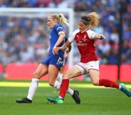 Katie Chapman of Chelsea holds off pressure from Dominique Janssen of Arsenal of Arsenal during the SSE Women's FA Cup Final match between Arsenal Women and Chelsea Ladies (Jordan Mansfield/Getty Images)
