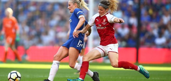 Katie Chapman of Chelsea holds off pressure from Dominique Janssen of Arsenal of Arsenal during the SSE Women's FA Cup Final match between Arsenal Women and Chelsea Ladies (Jordan Mansfield/Getty Images)