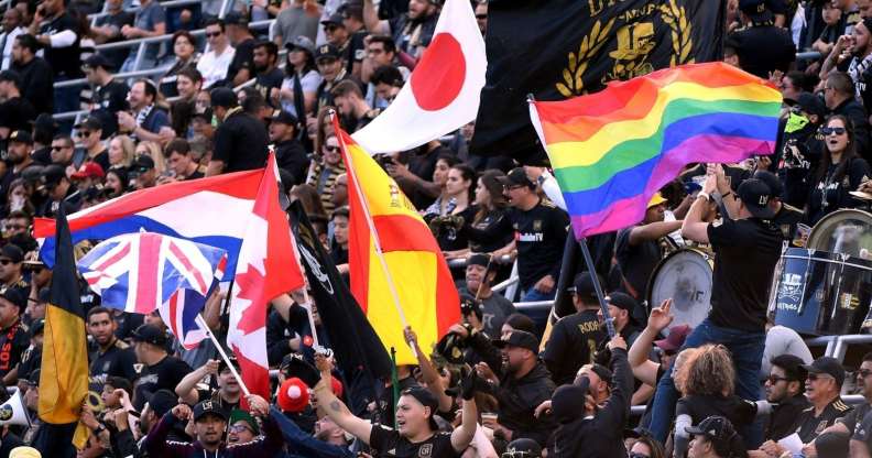 LOS ANGELES, CA - MAY 13: Fans fly the rainbow flag before the game between New York City and Los Angeles FC at Banc of California Stadium on May 13, 2018 in Los Angeles, California. (Photo by Harry How/Getty Images)