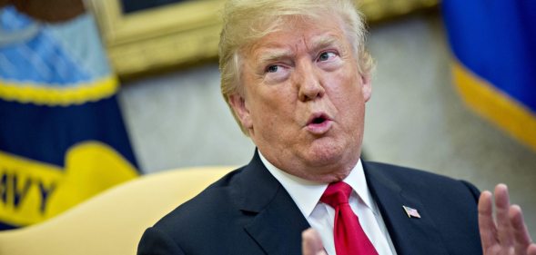WASHINGTON, DC - MAY 17: (AFP OUT) U.S. President Donald Trump speaks while meeting with Jens Stoltenberg, secretary general of the North Atlantic Treaty Organization (NATO), not pictured, in the Oval Office of the White House May 17, 2018 in Washington, DC. The White House said the two leaders will be discussing the upcoming NATO Summit in July. (Photo by Andrew Harrer-Pool/Getty Images)
