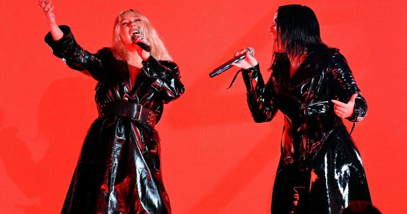 LAS VEGAS, NV - MAY 20: Recording artists Christina Aguilera (L) and Demi Lovato perform onstage during the 2018 Billboard Music Awards at MGM Grand Garden Arena on May 20, 2018 in Las Vegas, Nevada. (Photo by Kevin Winter/Getty Images)
