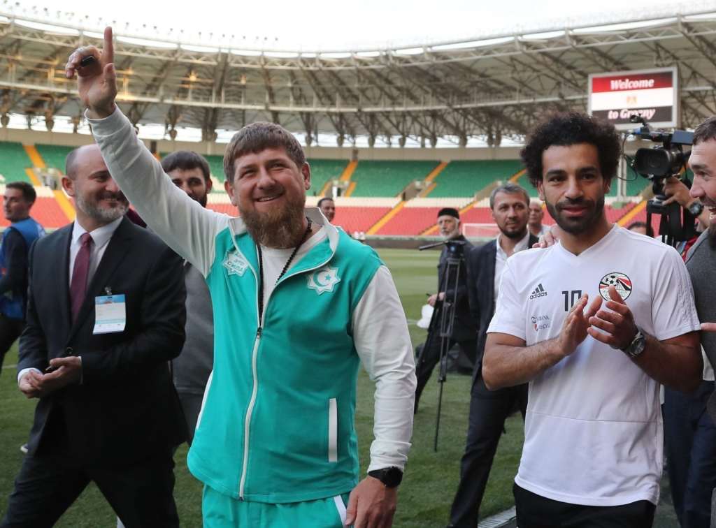 Egyptian national team football player and Liverpool's star striker Mohamed Salah (R) and head of the Chechen Republic Ramzan Kadyrov pose during a training of Egyptian team at the Akhmat Arena stadium in Grozny on June 10, 2018, ahead of the Russia 2018 World Cup. - Egypt's national football team will use the venue as their base camp training site. (Photo by KARIM JAAFAR / AFP) (Photo credit should read KARIM JAAFAR/AFP/Getty Images)