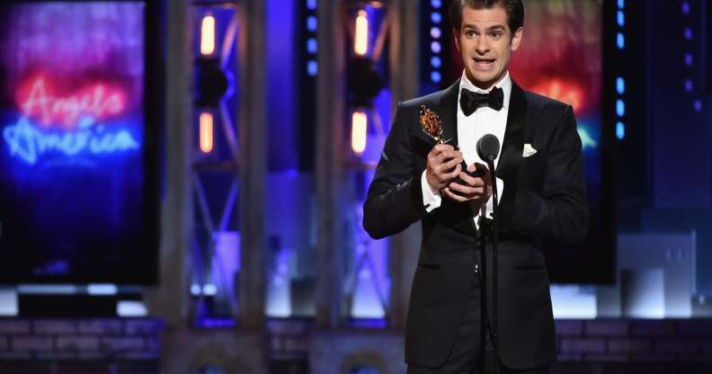 NEW YORK, NY - JUNE 10: Andrew Garfield accepts the Best Performance by an Actor in a Leading Role in a Play for Angels in America onstage during the 72nd Annual Tony Awards at Radio City Music Hall on June 10, 2018 in New York City. (Photo by Theo Wargo/Getty Images for Tony Awards Productions)