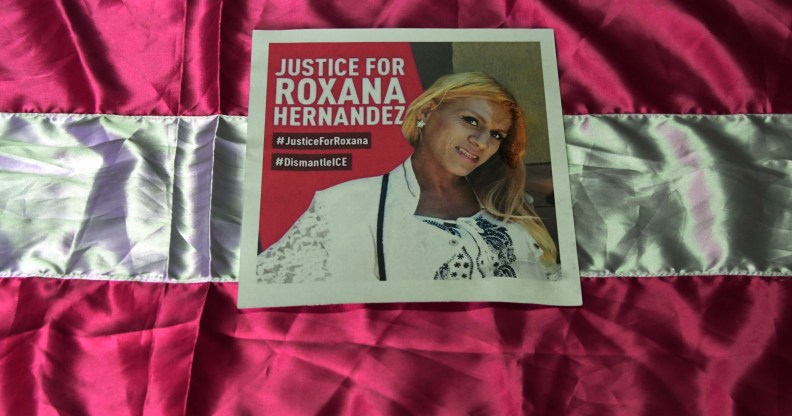 A poster demanding justice in the death of Honduran transgender woman Roxana Hernandez, who died of pneumonia, dehydration and "complications associated with HIV," while in ICE custody.