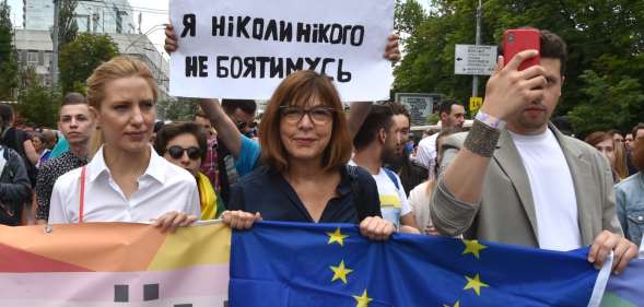 Member of the European Parliament Rebecca Harms takes part in the Pride march in central Kyiv last month (GENYA SAVILOV/AFP/Getty)