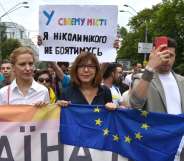 Member of the European Parliament Rebecca Harms takes part in the Pride march in central Kyiv last month (GENYA SAVILOV/AFP/Getty)