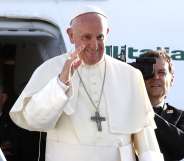 Pope Francis waves as he leaves at Cointrin airport in Geneva, on June 21 2018 after a one-day visit at the invitation of the World Council of Churches (WWC). - Pope Francis visited the World Council of Churches on 21 June as centrepiece of the ecumenical commemoration of the WCC's 70th anniversary. (Photo by DENIS BALIBOUSE / POOL / AFP) (Photo credit should read DENIS BALIBOUSE/AFP/Getty Images)