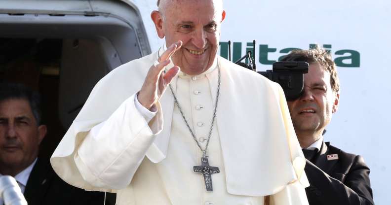 Pope Francis waves as he leaves at Cointrin airport in Geneva, on June 21 2018 after a one-day visit at the invitation of the World Council of Churches (WWC). - Pope Francis visited the World Council of Churches on 21 June as centrepiece of the ecumenical commemoration of the WCC's 70th anniversary. (Photo by DENIS BALIBOUSE / POOL / AFP) (Photo credit should read DENIS BALIBOUSE/AFP/Getty Images)