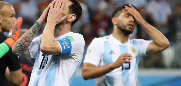 NIZHNIY NOVGOROD, RUSSIA - JUNE 21: Lionel Messi and team mate Sergio Aguero of Argentina show their dejection during the 2018 FIFA World Cup Russia group D match between Argentina and Croatia at Nizhniy Novgorod Stadium on June 21, 2018 in Nizhniy Novgorod, Russia. (Photo by Clive Brunskill/Getty Images)