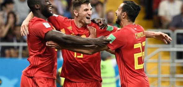 Belgium players Romelu Lukaku, Thomas Meunier and Nacer Chadli celebrate beating Japan (FILIPPO MONTEFORTE/AFP/Getty)