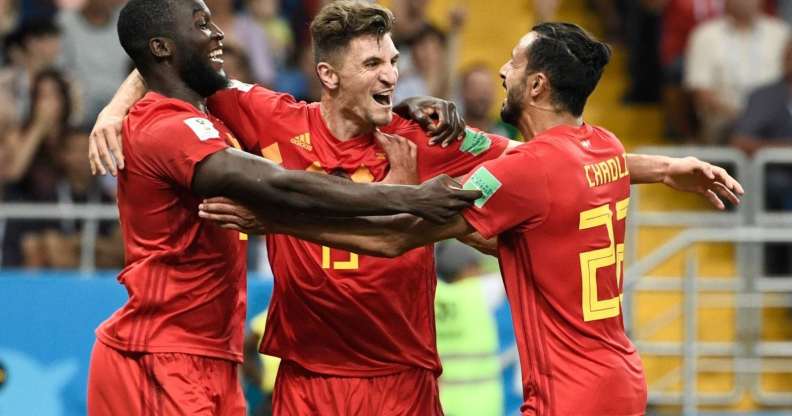 Belgium players Romelu Lukaku, Thomas Meunier and Nacer Chadli celebrate beating Japan (FILIPPO MONTEFORTE/AFP/Getty)
