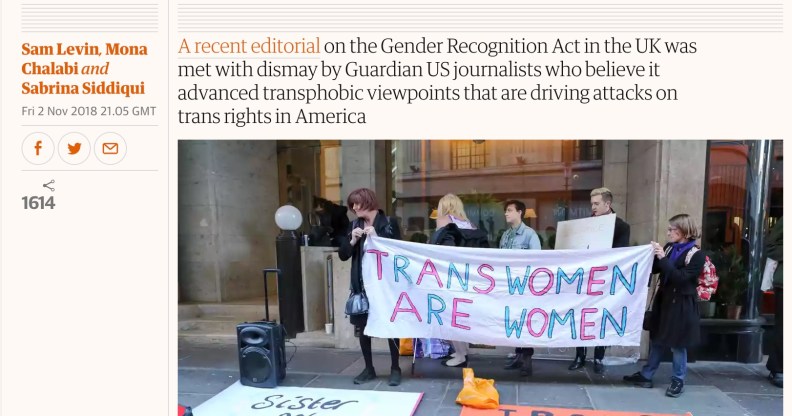Guardian US journalists denounce the newspaper's "transphobic" editorial on the Gender Recognition Act reform.