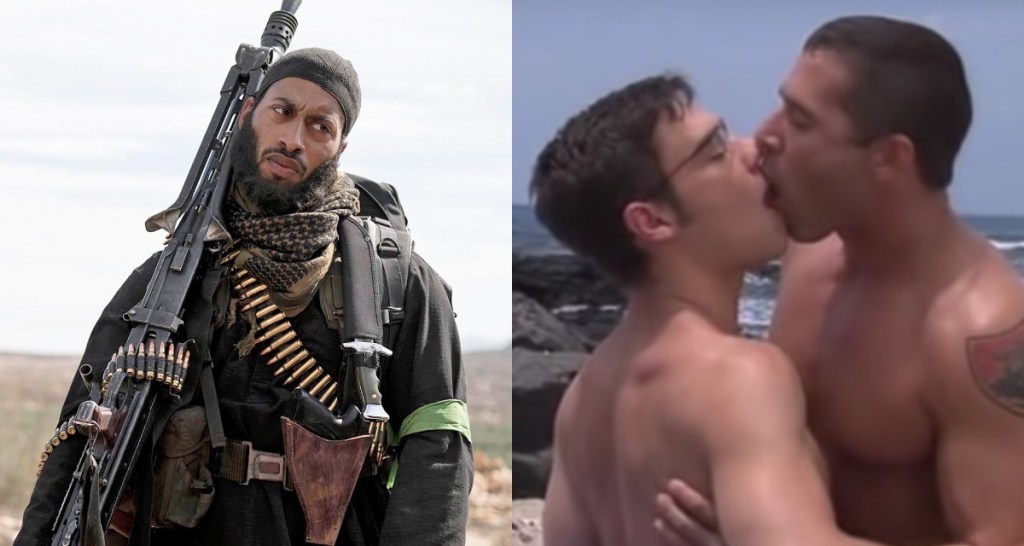 An Islamic extremist from Channel 4's The State and a scene from a gay porn film