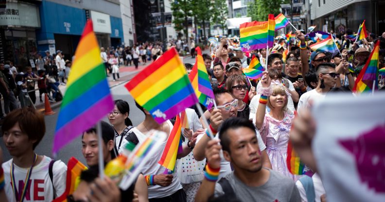 People attend the annual Tokyo Rainbow Parade in Tokyo, on May 6, 2018. (MARTIN BUREAU/AFP/Getty Images)