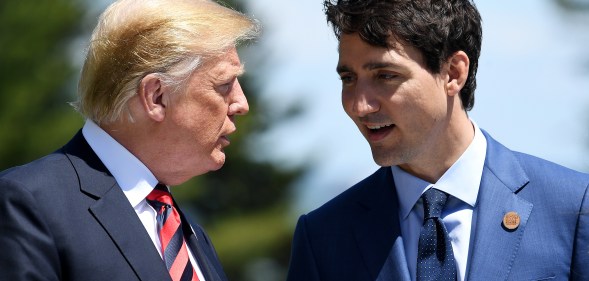 US President Donald Trump speaks with Prime Minister of Canada Justin Trudeau