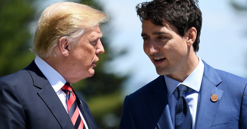 US President Donald Trump speaks with Prime Minister of Canada Justin Trudeau