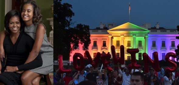 L - Michelle Obama and daughter Malia Obama. R - The White House lights up in the colours of the Pride flag