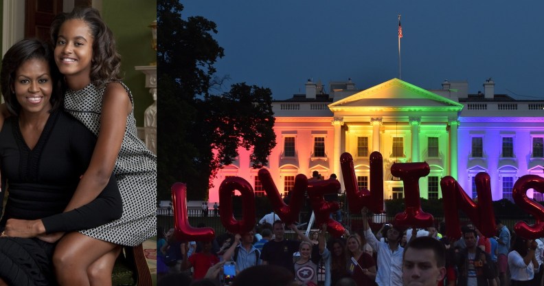 L - Michelle Obama and daughter Malia Obama. R - The White House lights up in the colours of the Pride flag