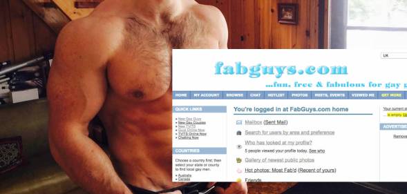 A screengrab of gay and bi men dating site FabGuys.com's homepage, super-imposted over a shirtless man.