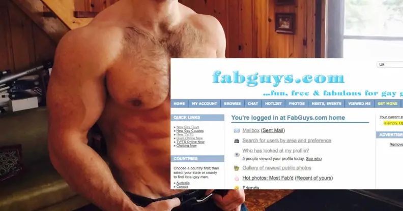 A screengrab of gay and bi men dating site FabGuys.com's homepage, super-imposted over a shirtless man.