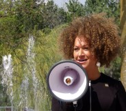 Rachel Dolezal speaking at a rally in downtown Spokane, Washington in 2015