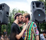 Participants of the Gay Pride kiss, on June 7,2014, in Bucharest, Romania. AFP PHOTO / ANDREI PUNGOVSCHI (Photo credit should read ANDREI PUNGOVSCHI/AFP/Getty Images)