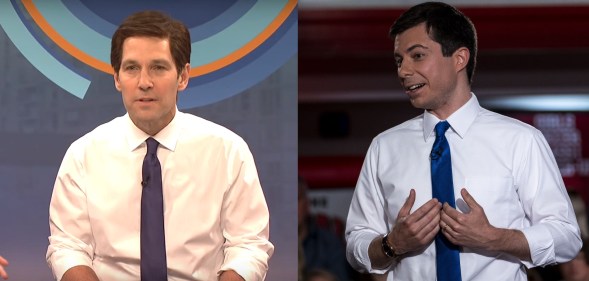 L - Paul Rudd as Pete Buttigieg. R - Pete Buttigieg as Pete Buttigieg.