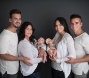 Mothers Mariely Martinez,left, and Carla Melendez, right with fathers Juny Roman and Alex Torres and newborns Marla and Matteo