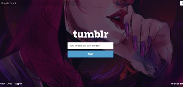 Log in page for Tumblr with illustration saying how to back up your content