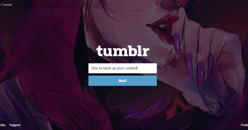 Log in page for Tumblr with illustration saying how to back up your content