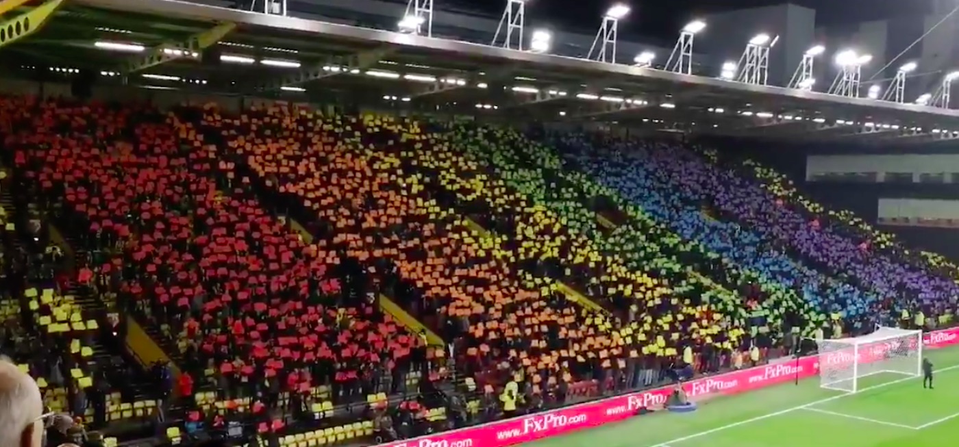 Genoptag Overskæg kobling Premier League club Watford fans make huge LGBT Pride flag in stands |  PinkNews