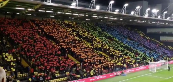 Watford FC fans make a huge Pride flag in the stands