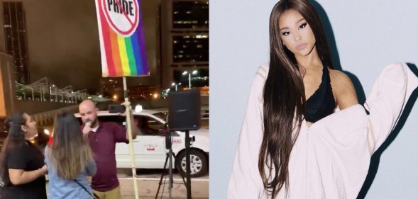A man holding a rainbow flag with pride crossed out, Ariana Grande with her hair down