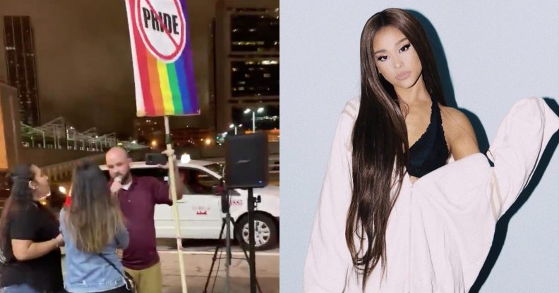 A man holding a rainbow flag with pride crossed out, Ariana Grande with her hair down