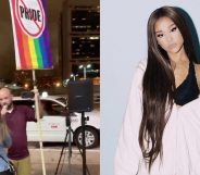A man holding a rainbow flag with pride crossed out, Ariana Grande with her hair down