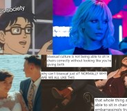 Images representing four popular gay memes from 2018, including "bisexual lighting" and "Is This A Pigeon?"