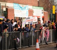 Protestors lined up outside of Parkfield School, Birmingham