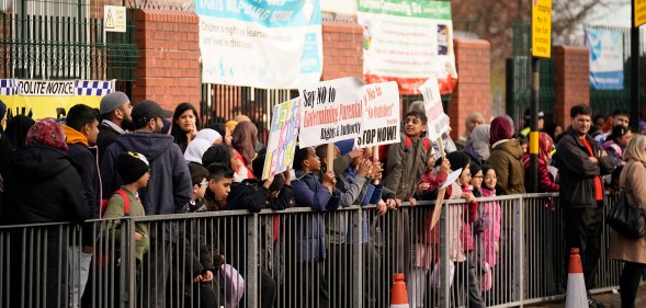 Protestors lined up outside of Parkfield School, Birmingham