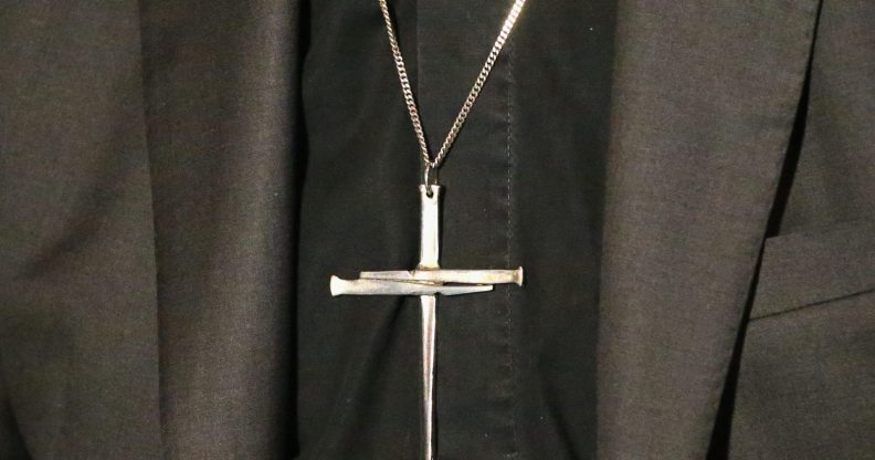 MELBOURNE, AUSTRALIA - AUGUST 13: A detail of the cross necklace worn by The Archbishop of Canterbury, Justin Welby as he speaks during a press conference ahead of Archbishop Philip Freier's inauguration as Primate of Austalia at The Cathedral Chapter House on August 13, 2014 in Melbourne, Australia. It is the first visit to Australia by the spiritual head of the worldwide Anglican Communion since 1997. (Photo by Scott Barbour/Getty Images)