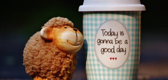 Today is gonna be a good day cup next to smiling sheep