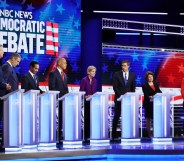 Democratic presidential candidates New York City Mayor Bill De Blasio, Rep. Tim Ryan, former housing secretary Julian Castro, Sen. Cory Booker, Sen. Elizabeth Warren, former Texas congressman Beto O'Rourke, Sen. Amy Klobuchar and Rep. Tulsi Gabbard face off in the first Democrats presidential debate on June 26, 2019 in Miami, Florida.