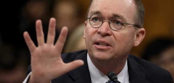 Donald Trump's new chief of staff Mick Mulvaney testifies before the Senate Budget Committee in February 2018 as office of management and budget director