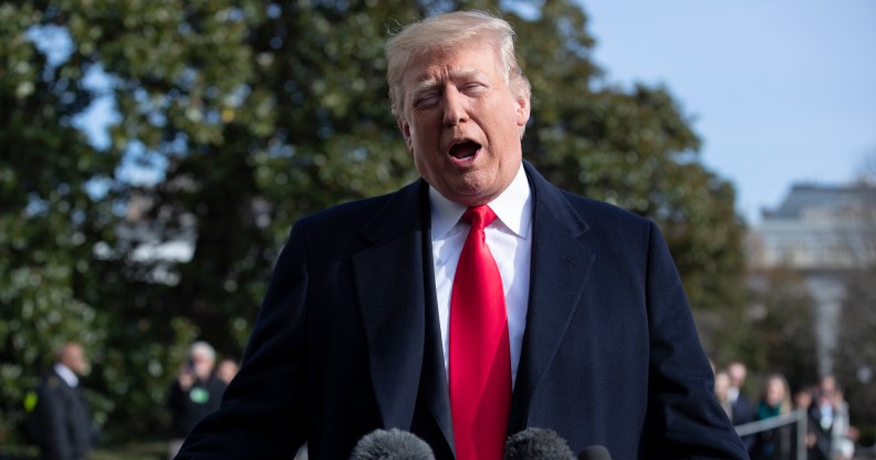 US President Donald Trump, who announced a trans ban last year, talks to reporters prior to boarding Marine One as he departs the White House