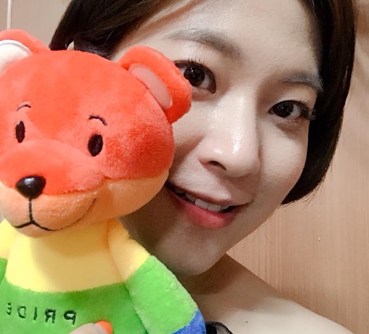Writer Eun Ha-sun poses with a LGBT teddy bear in a photo uploaded on Facebook, where she tricked homophobes to donate to the Seoul Pride festival