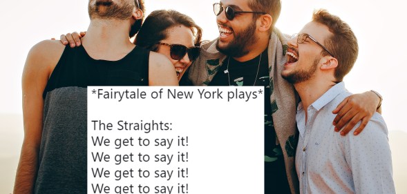 A tweet about "Fairytale of New York" set against a group of friends