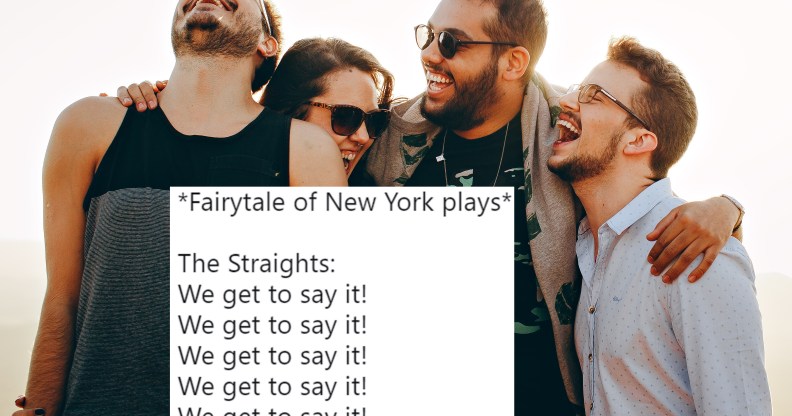 A tweet about "Fairytale of New York" set against a group of friends