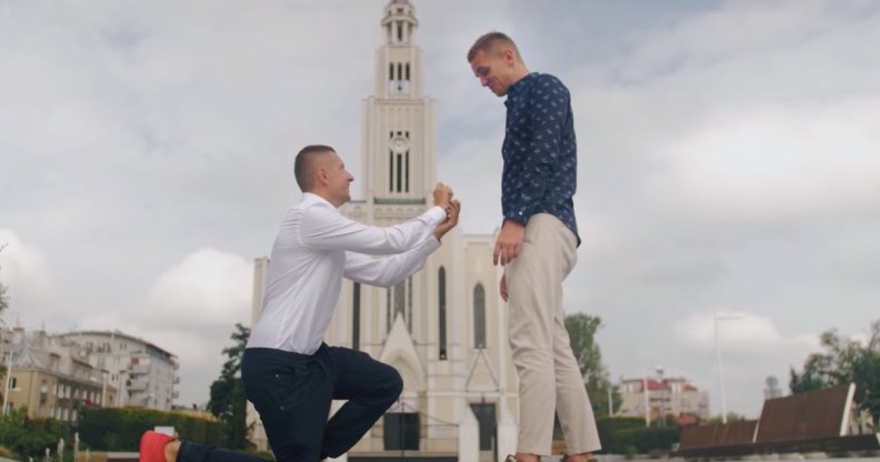 Gay couple Jakub Kwieciński and David Mycek propose in Poland
