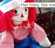 A Raggedy Ann trans doll which has been altered to be a trans man