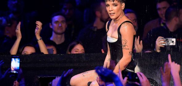 US singer Halsey performs during the MTV Europe Music Awards at the Bizkaia Arena in the northern Spanish city of Bilbao on November 4, 2018